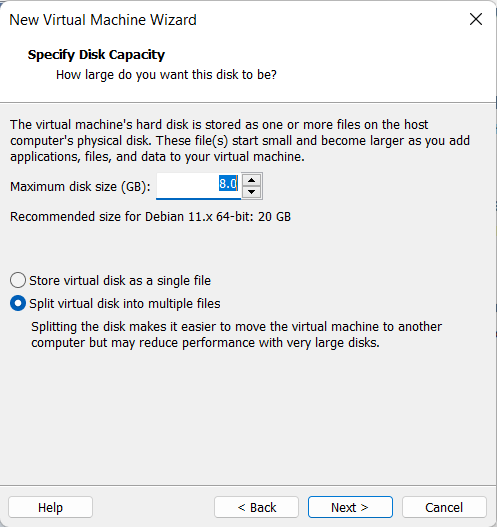 Specify virtual disk size