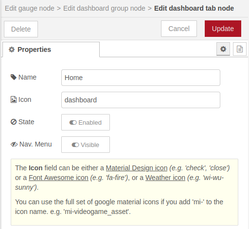 Dashboard tab node