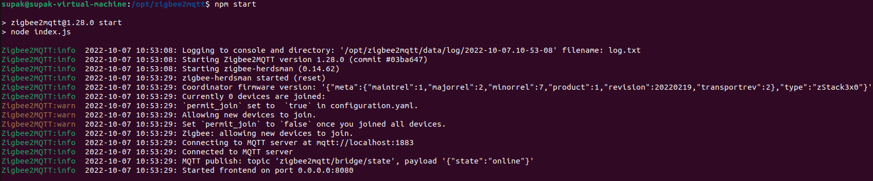 Zigbee2MQTT started successfully